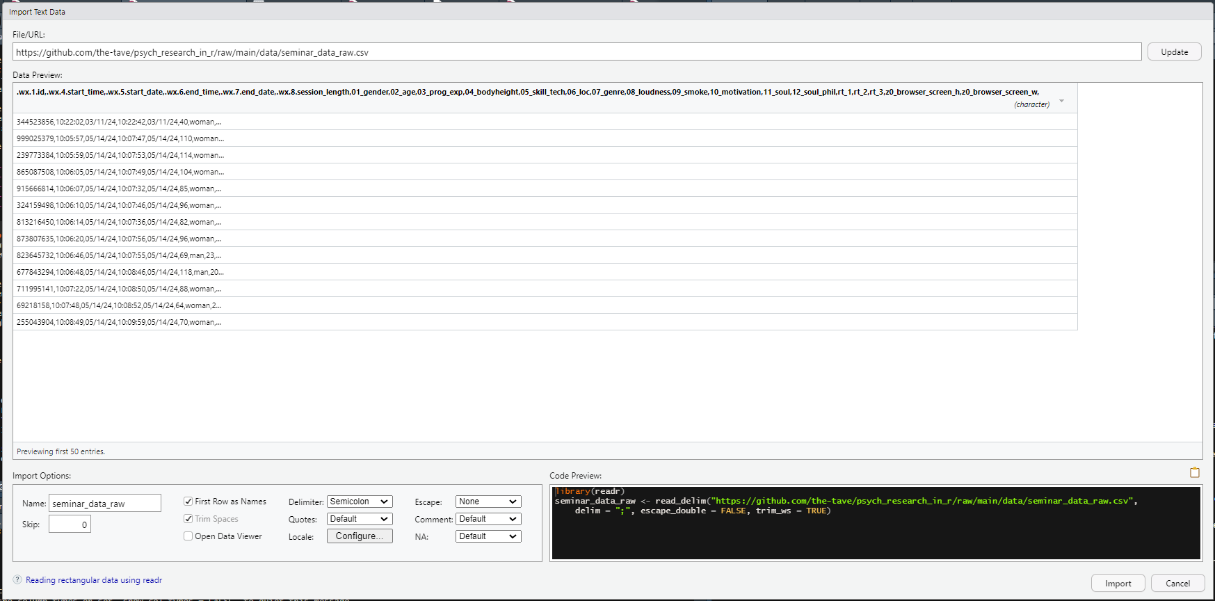 Example of wonky-looking data in the Import Dataset Menu.